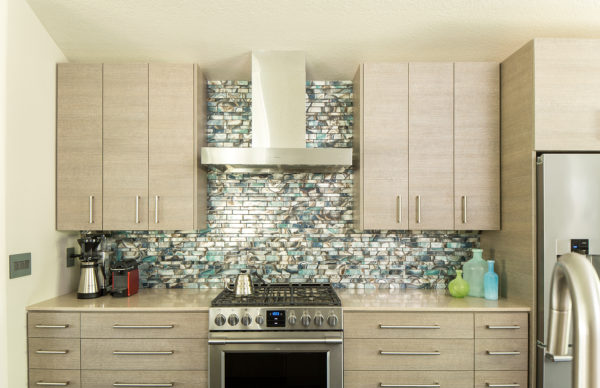 Sherwood Kitchen Turquoise glass backsplash