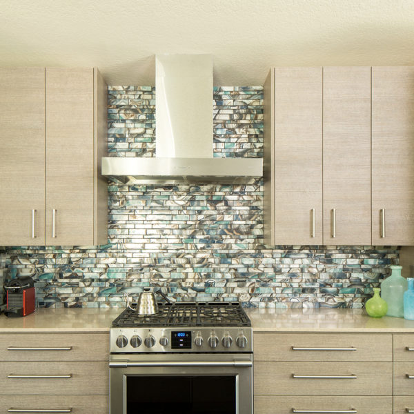 Sherwood Kitchen Turquoise glass backsplash